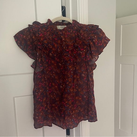 SEA NY Ilana Ikat Navy Red Flutter Sleeve Top Shirt Blouse Ruffle - Picture 3 of 6